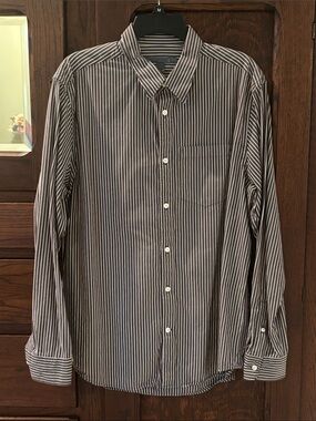 Old Navy Men's Brown and White Striped Dress Shirt